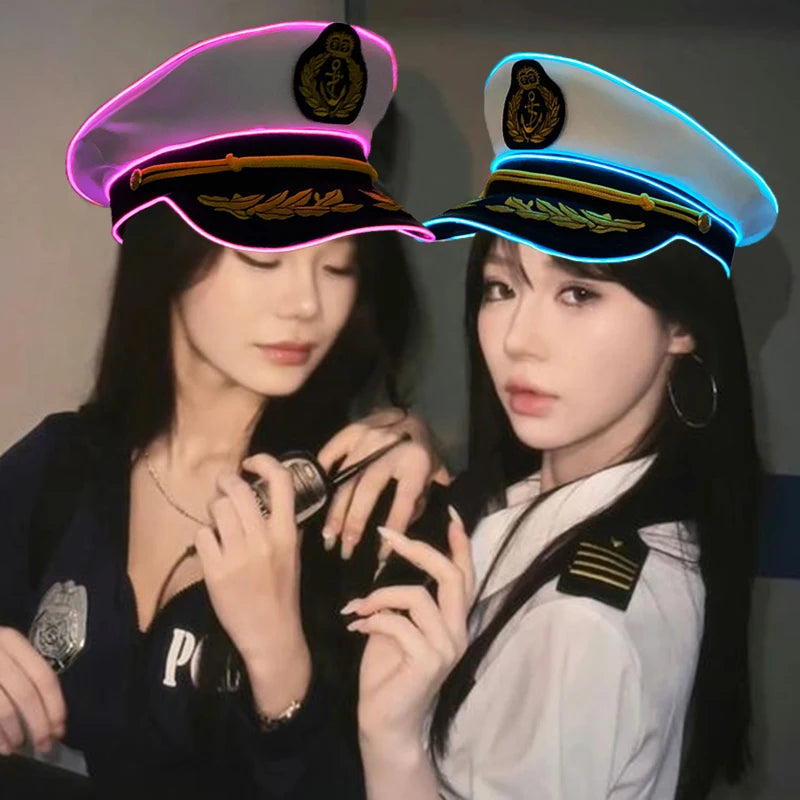 Hot Light Up Navy Hat LED Glowing Captain Cap For Men Women Masquerade Neon Sailors Hat Bar Club Cosplay Costume
